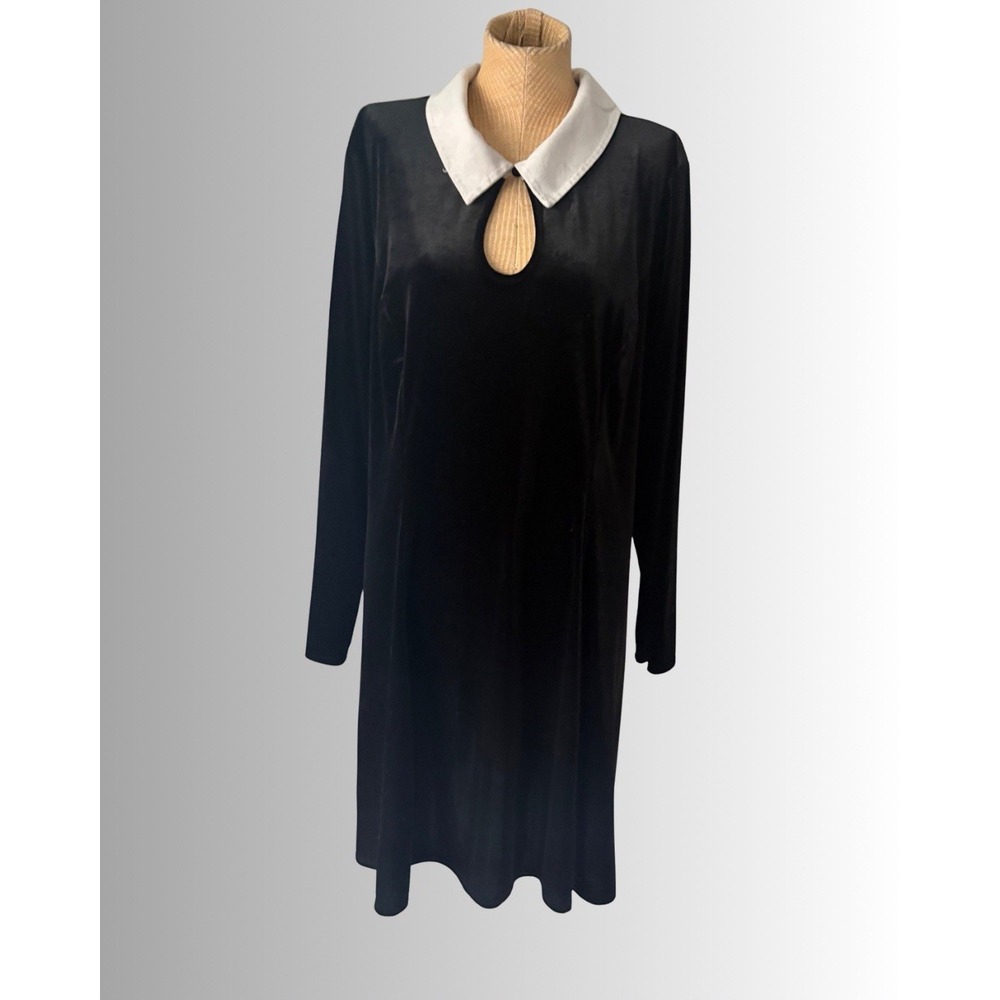 Black Velvet Sheath Dress Womens Medium Peter Pan Collar Button Wednesday Adams